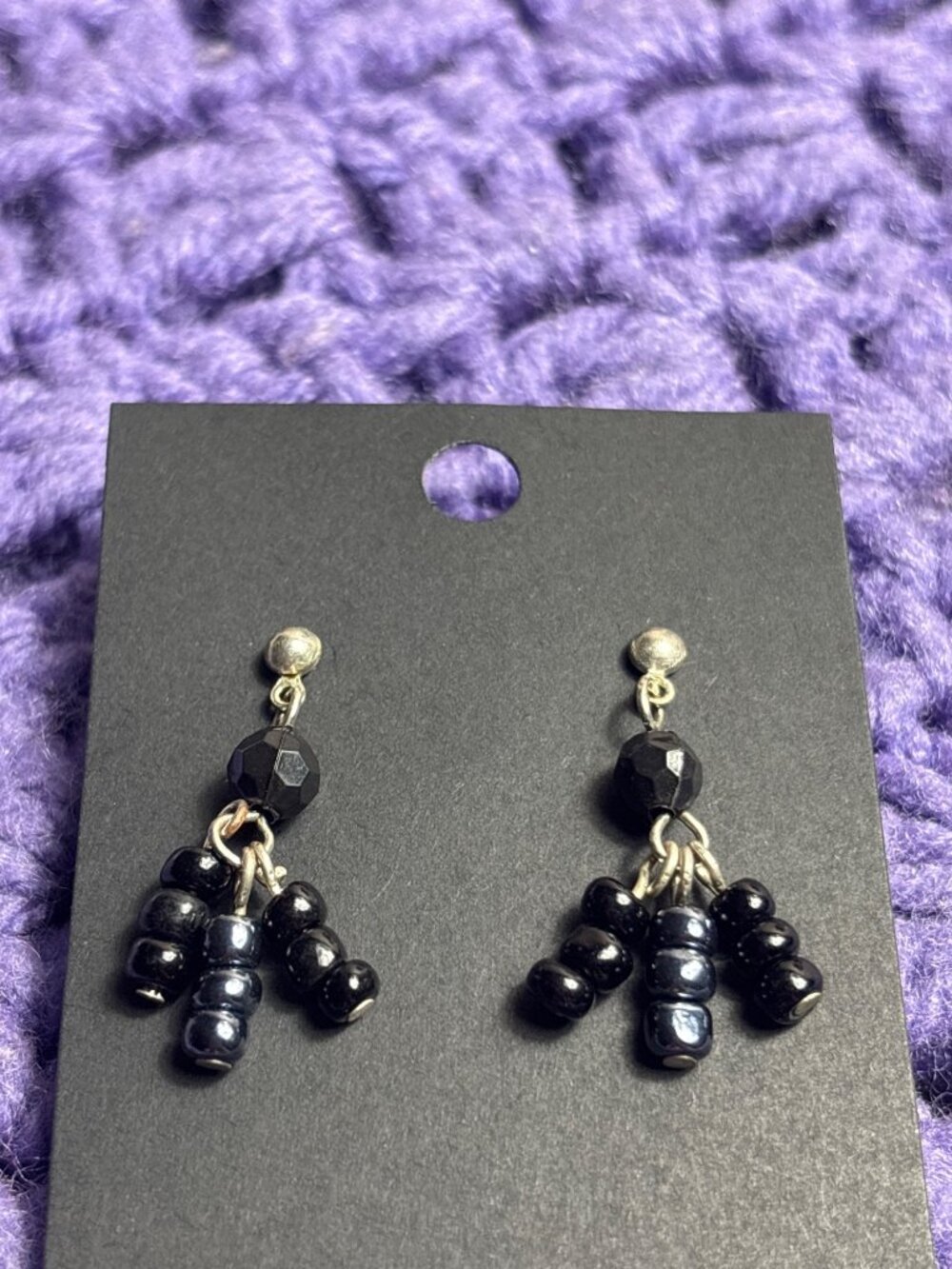 Black Blue Silvertone Bead Dangle Earrings 1.25 inch